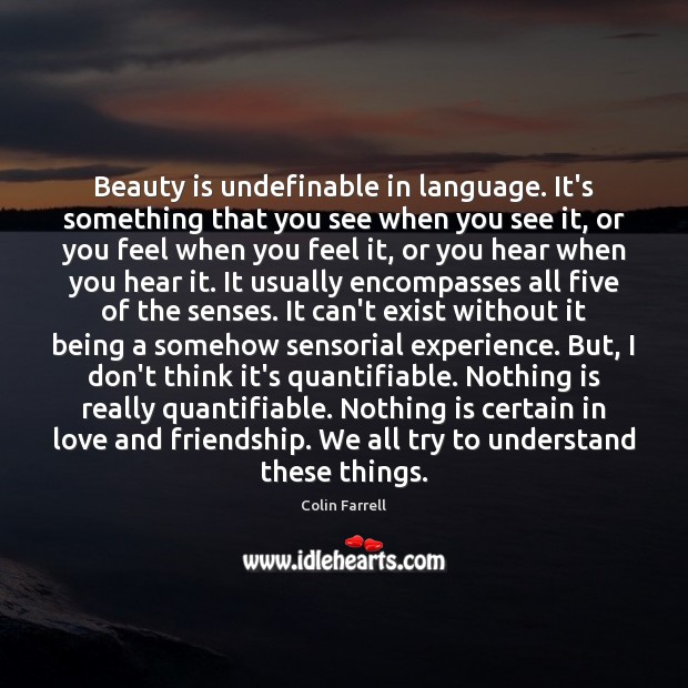 Beauty is undefinable in language. It’s something that you see when you Colin Farrell Picture Quote