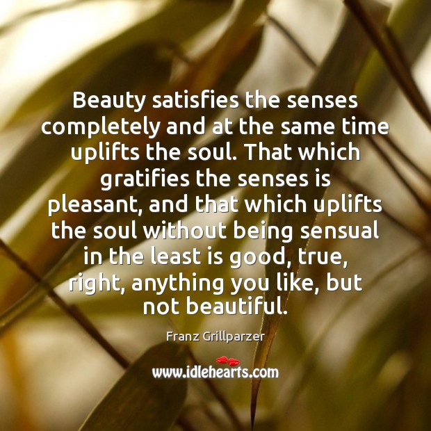 Beauty satisfies the senses completely and at the same time uplifts the Franz Grillparzer Picture Quote
