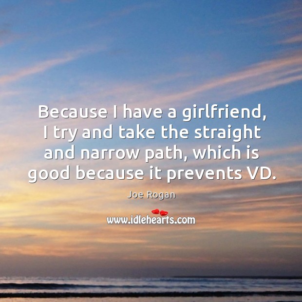 Because I have a girlfriend, I try and take the straight and narrow path, which is good because it prevents vd. Joe Rogan Picture Quote