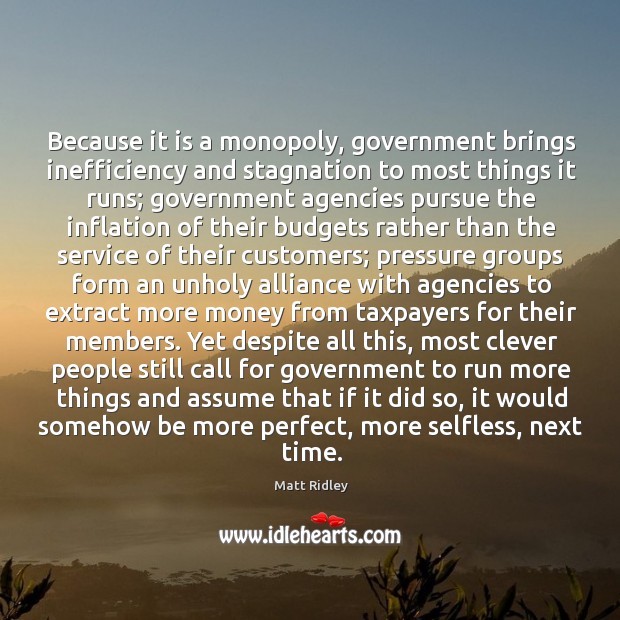 Because it is a monopoly, government brings inefficiency and stagnation to most Matt Ridley Picture Quote