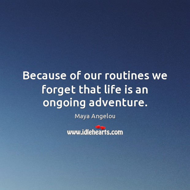 Because of our routines we forget that life is an ongoing adventure. Maya Angelou Picture Quote