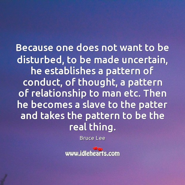 Because one does not want to be disturbed, to be made uncertain, Bruce Lee Picture Quote
