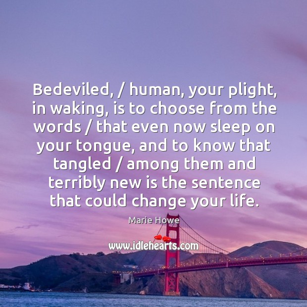 Bedeviled, / human, your plight, in waking, is to choose from the words / Marie Howe Picture Quote