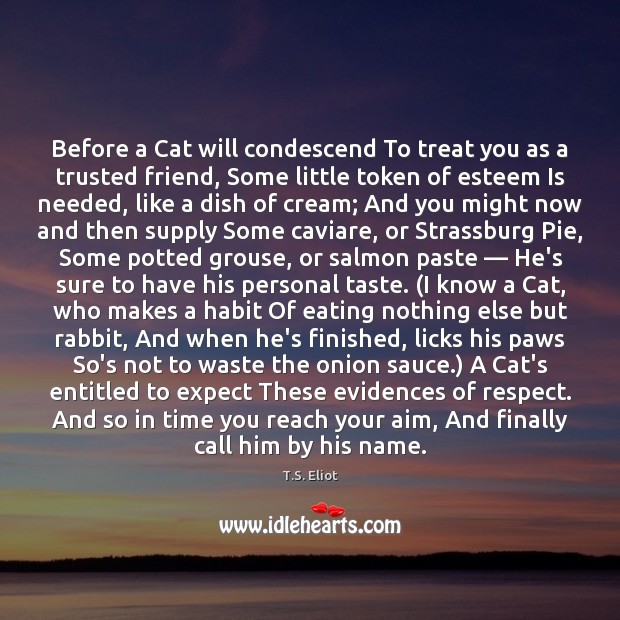 Before a Cat will condescend To treat you as a trusted friend, T.S. Eliot Picture Quote