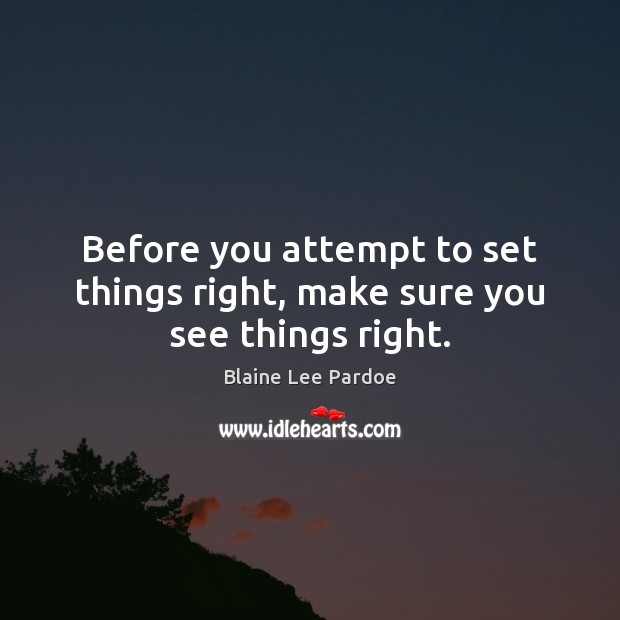 Before you attempt to set things right, make sure you see things right. Blaine Lee Pardoe Picture Quote