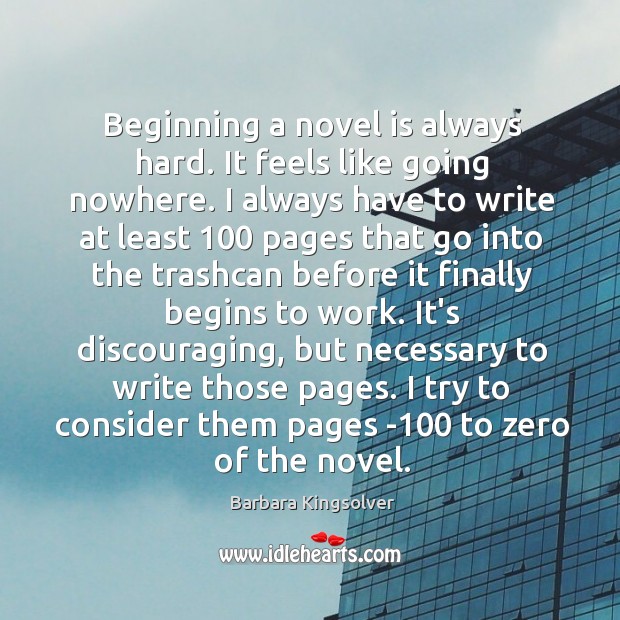 Beginning a novel is always hard. It feels like going nowhere. I Barbara Kingsolver Picture Quote