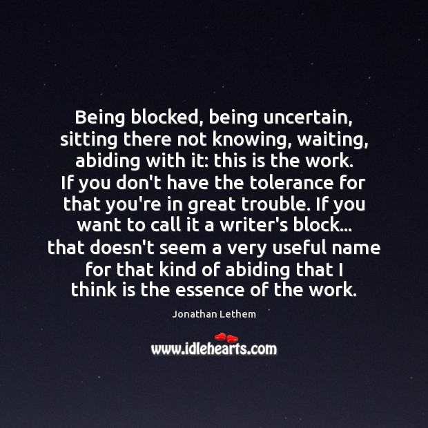 Being blocked, being uncertain, sitting there not knowing, waiting, abiding with it: Jonathan Lethem Picture Quote