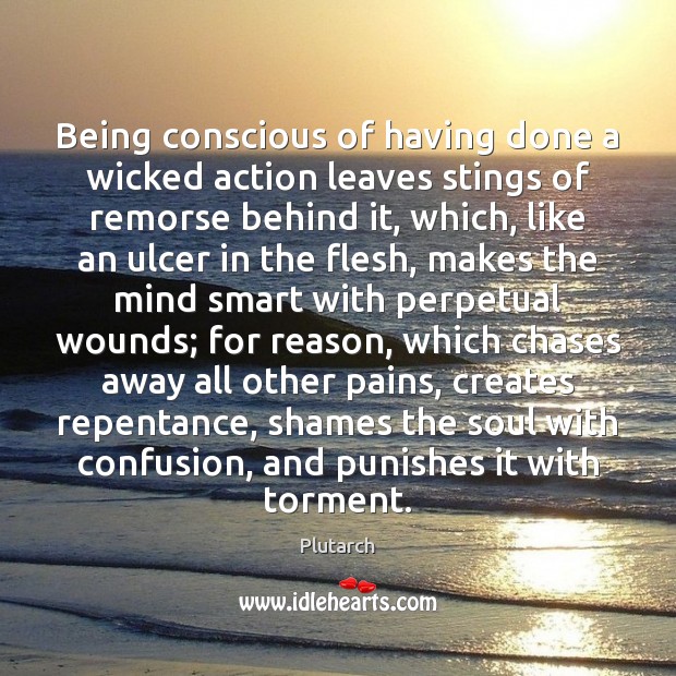 Being conscious of having done a wicked action leaves stings of remorse Plutarch Picture Quote