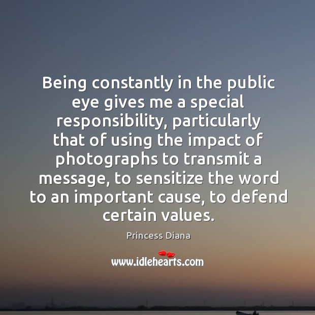 Being constantly in the public eye gives me a special responsibility, particularly Princess Diana Picture Quote