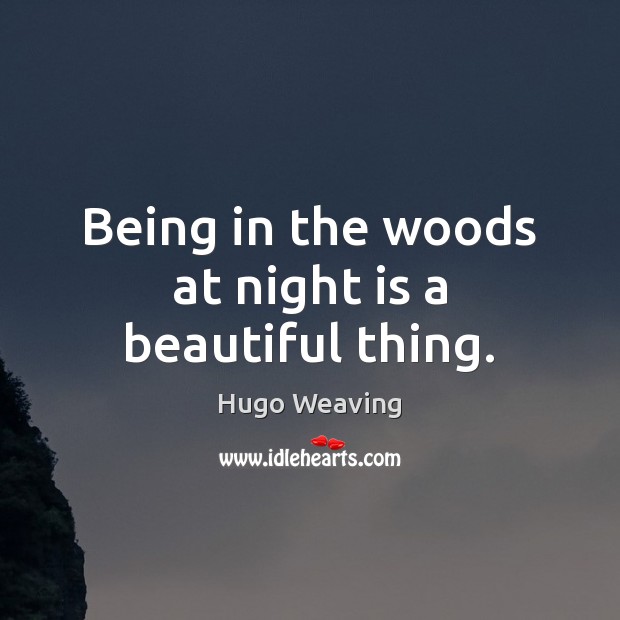 Being in the woods at night is a beautiful thing. Hugo Weaving Picture Quote