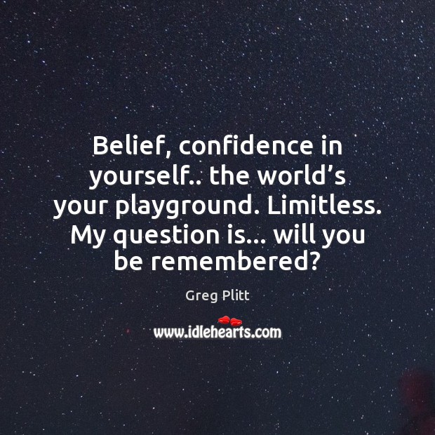 Belief, confidence in yourself.. the world’s your playground. Limitless. My question Greg Plitt Picture Quote