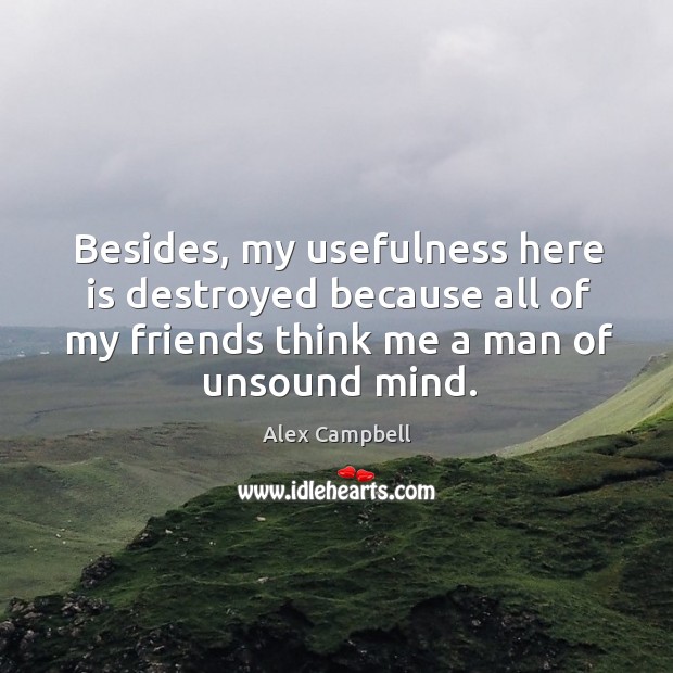 Besides, my usefulness here is destroyed because all of my friends think me a man of unsound mind. Alex Campbell Picture Quote
