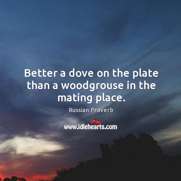 Better a dove on the plate than a woodgrouse in the mating place. Russian Proverbs Image