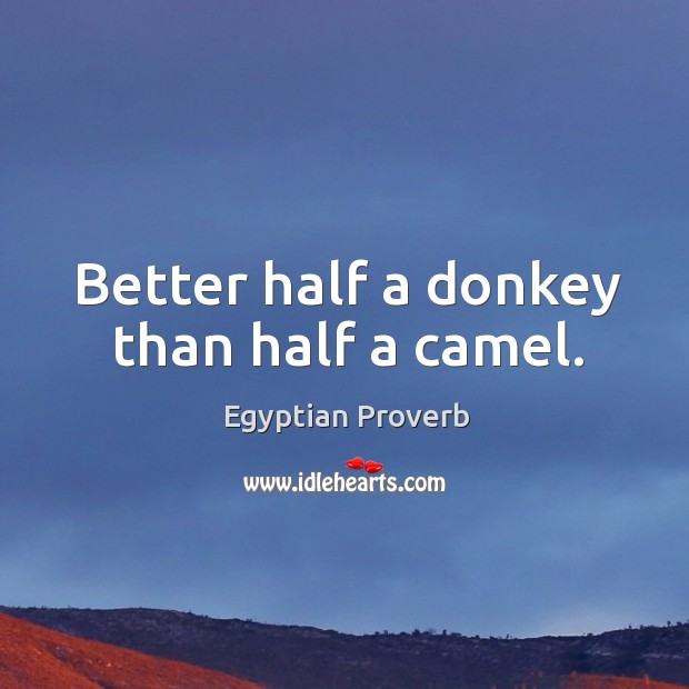 Better half a donkey than half a camel. Egyptian Proverbs Image