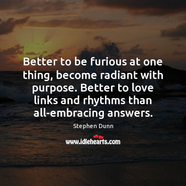 Better to be furious at one thing, become radiant with purpose. Better Stephen Dunn Picture Quote