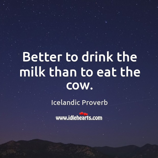 Better to drink the milk than to eat the cow. Icelandic Proverbs Image
