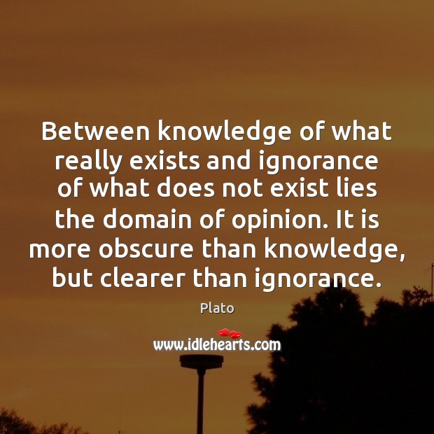 Between knowledge of what really exists and ignorance of what does not Plato Picture Quote