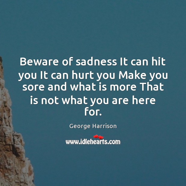 Beware of sadness It can hit you It can hurt you Make George Harrison Picture Quote