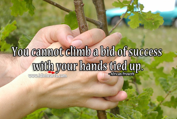 You cannot climb a bid of success with your hands tied up. African Proverbs Image