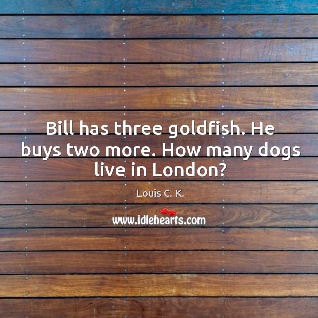 Bill has three goldfish. He buys two more. How many dogs live in London? Image