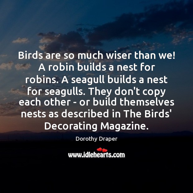 Birds are so much wiser than we! A robin builds a nest Dorothy Draper Picture Quote