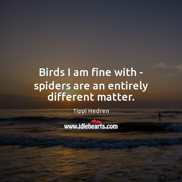 Birds I am fine with – spiders are an entirely different matter. Tippi Hedren Picture Quote