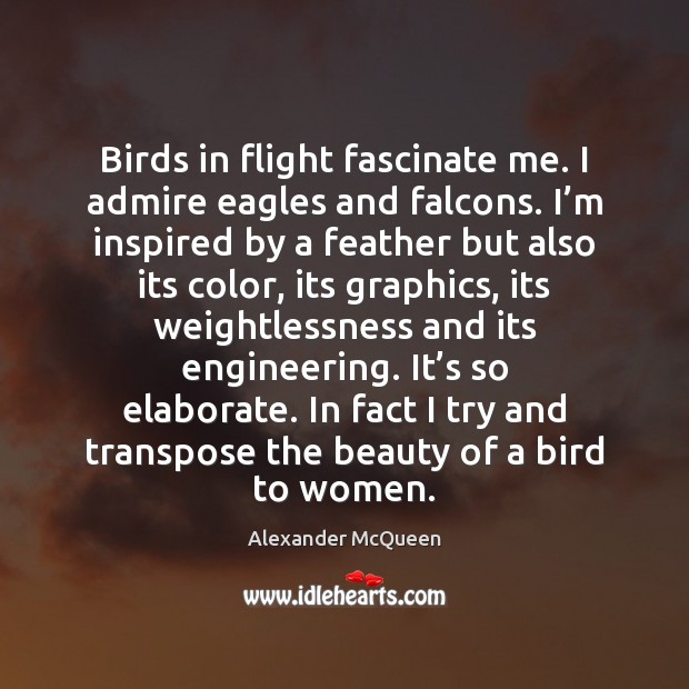 Birds in flight fascinate me. I admire eagles and falcons. I’m Alexander McQueen Picture Quote
