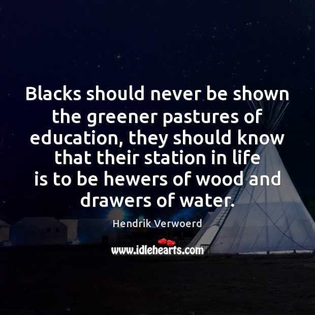 Blacks should never be shown the greener pastures of education, they should Hendrik Verwoerd Picture Quote