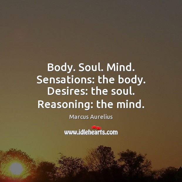 Body. Soul. Mind. Sensations: the body. Desires: the soul. Reasoning: the mind. Marcus Aurelius Picture Quote