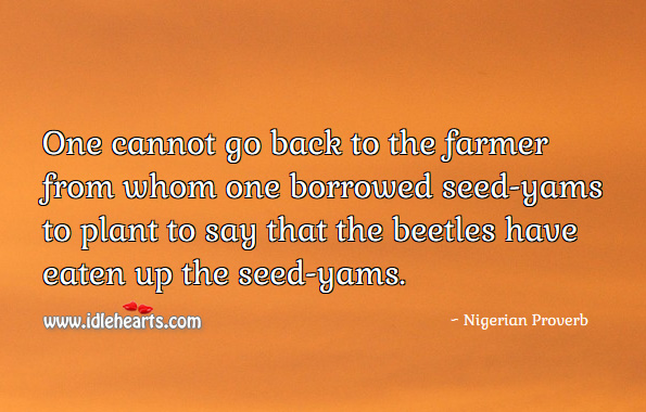 One cannot go back to the farmer from whom one borrowed seed-yams to plant to say that the beetles have eaten up the seed-yams. Nigerian Proverbs Image