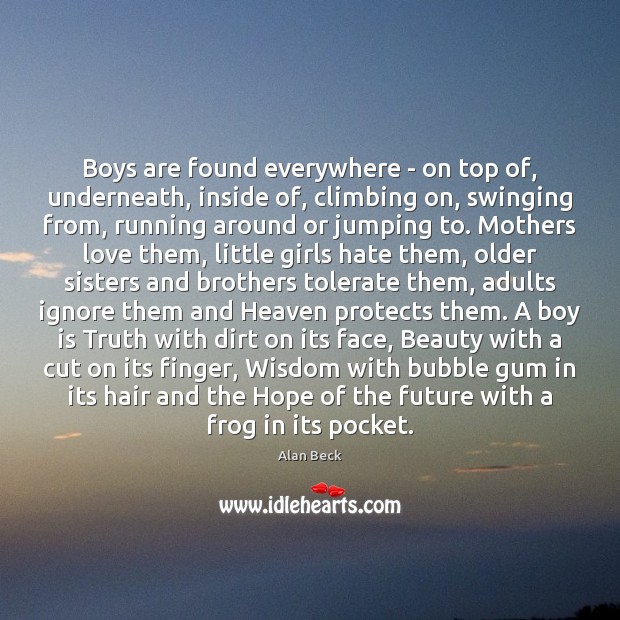 Boys are found everywhere – on top of, underneath, inside of, climbing Alan Beck Picture Quote