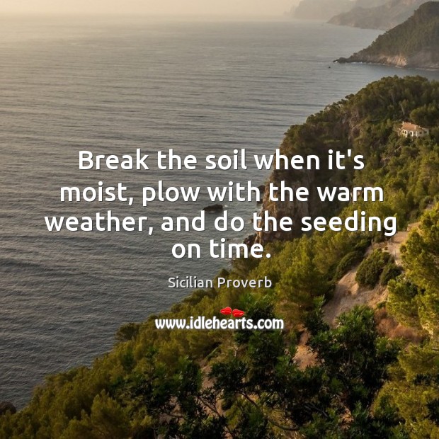 Break the soil when it’s moist, plow with the warm weather, and do the seeding on time. Sicilian Proverbs Image