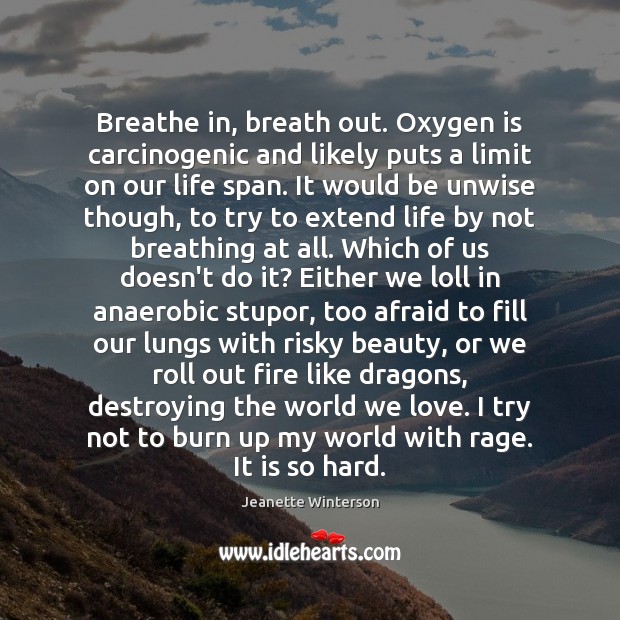 Breathe in, breath out. Oxygen is carcinogenic and likely puts a limit Jeanette Winterson Picture Quote