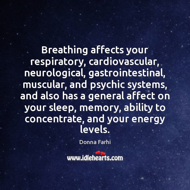 Breathing affects your respiratory, cardiovascular, neurological, gastrointestinal, muscular, and psychic systems, and Donna Farhi Picture Quote