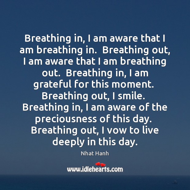 Breathing in, I am aware that I am breathing in.  Breathing out, Nhat Hanh Picture Quote