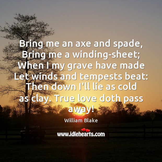 Bring me an axe and spade, Bring me a winding-sheet; When I William Blake Picture Quote