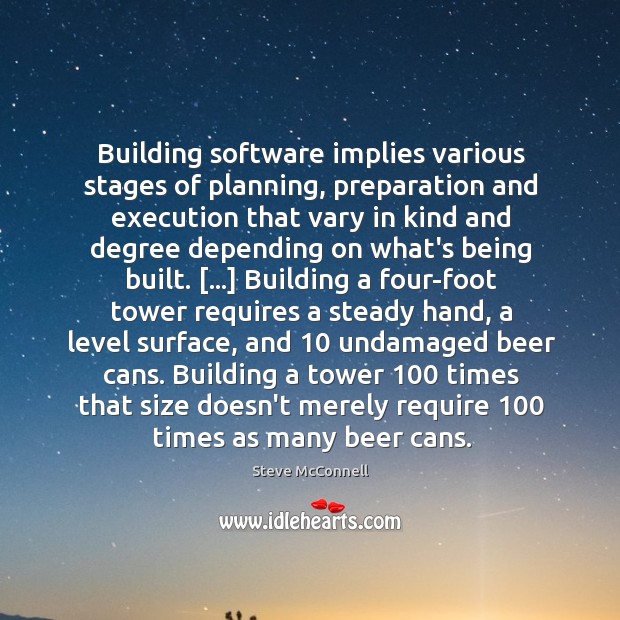 Building software implies various stages of planning, preparation and execution that vary Steve McConnell Picture Quote