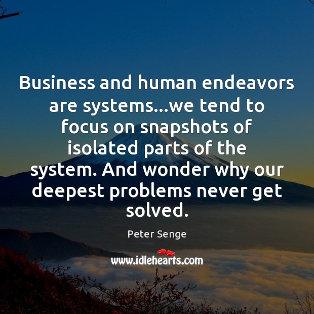 Business and human endeavors are systems…we tend to focus on snapshots Peter Senge Picture Quote