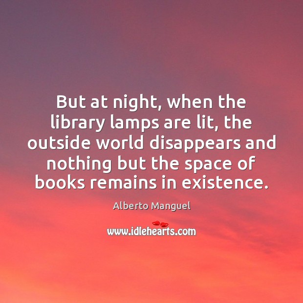 But at night, when the library lamps are lit, the outside world Alberto Manguel Picture Quote