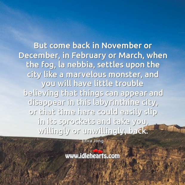 But come back in November or December, in February or March, when Erica Jong Picture Quote