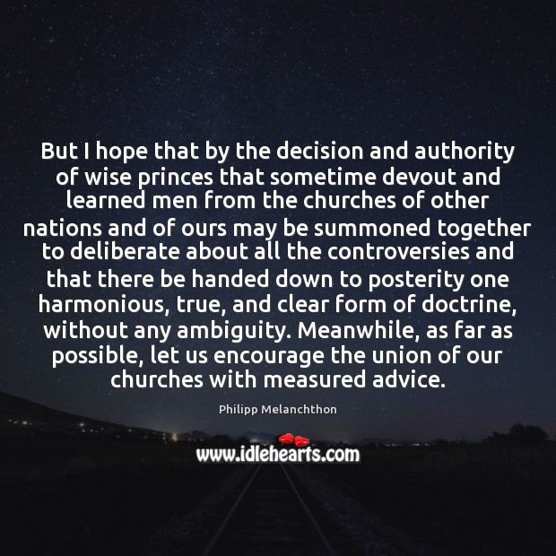 But I hope that by the decision and authority of wise princes Philipp Melanchthon Picture Quote