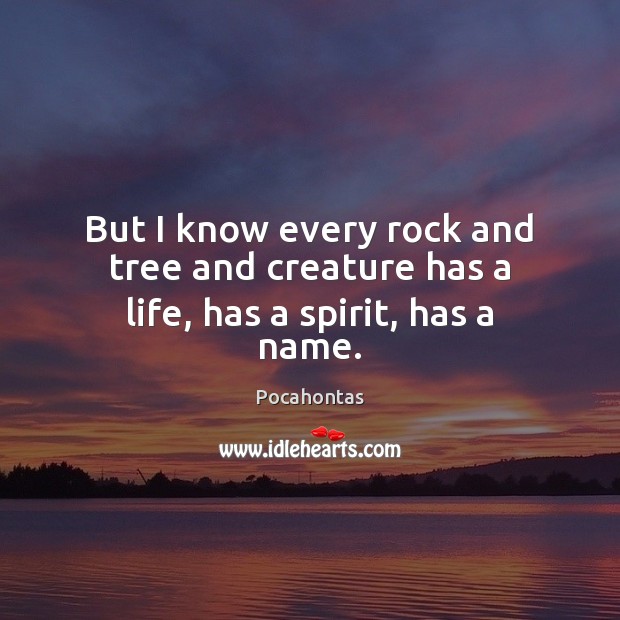 But I know every rock and tree and creature has a life, has a spirit, has a name. Pocahontas Picture Quote