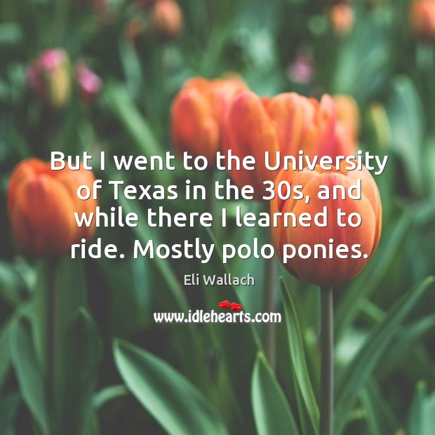 But I went to the university of texas in the 30s, and while there I learned to ride. Mostly polo ponies. Eli Wallach Picture Quote