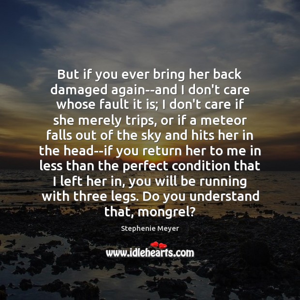 But if you ever bring her back damaged again–and I don’t care Stephenie Meyer Picture Quote