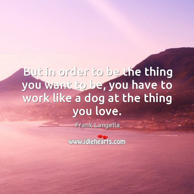 But in order to be the thing you want to be, you have to work like a dog at the thing you love. Frank Langella Picture Quote