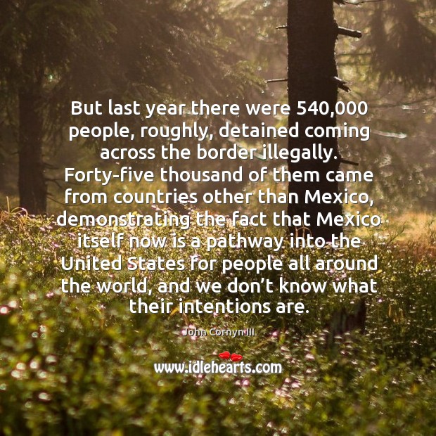 But last year there were 540,000 people, roughly, detained coming across the border illegally. John Cornyn III Picture Quote