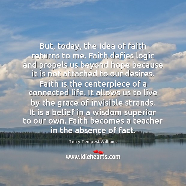 But, today, the idea of faith returns to me. Faith defies logic Terry Tempest Williams Picture Quote