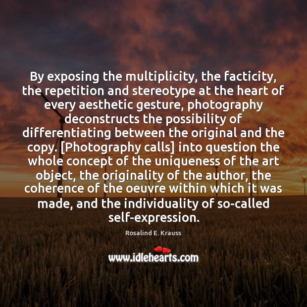 By exposing the multiplicity, the facticity, the repetition and stereotype at the Rosalind E. Krauss Picture Quote