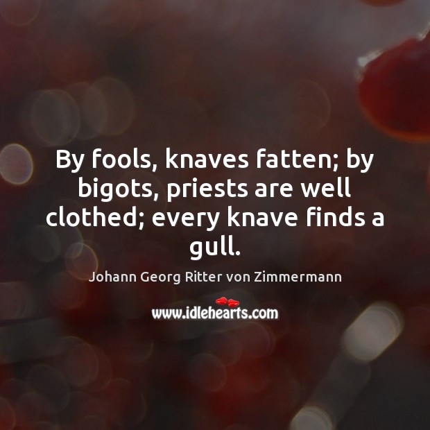 By fools, knaves fatten; by bigots, priests are well clothed; every knave finds a gull. Johann Georg Ritter von Zimmermann Picture Quote