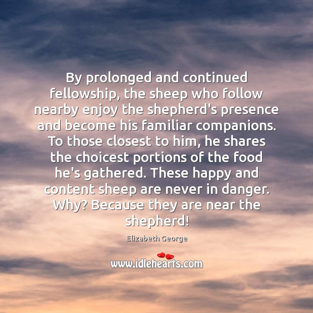 By prolonged and continued fellowship, the sheep who follow nearby enjoy the Elizabeth George Picture Quote